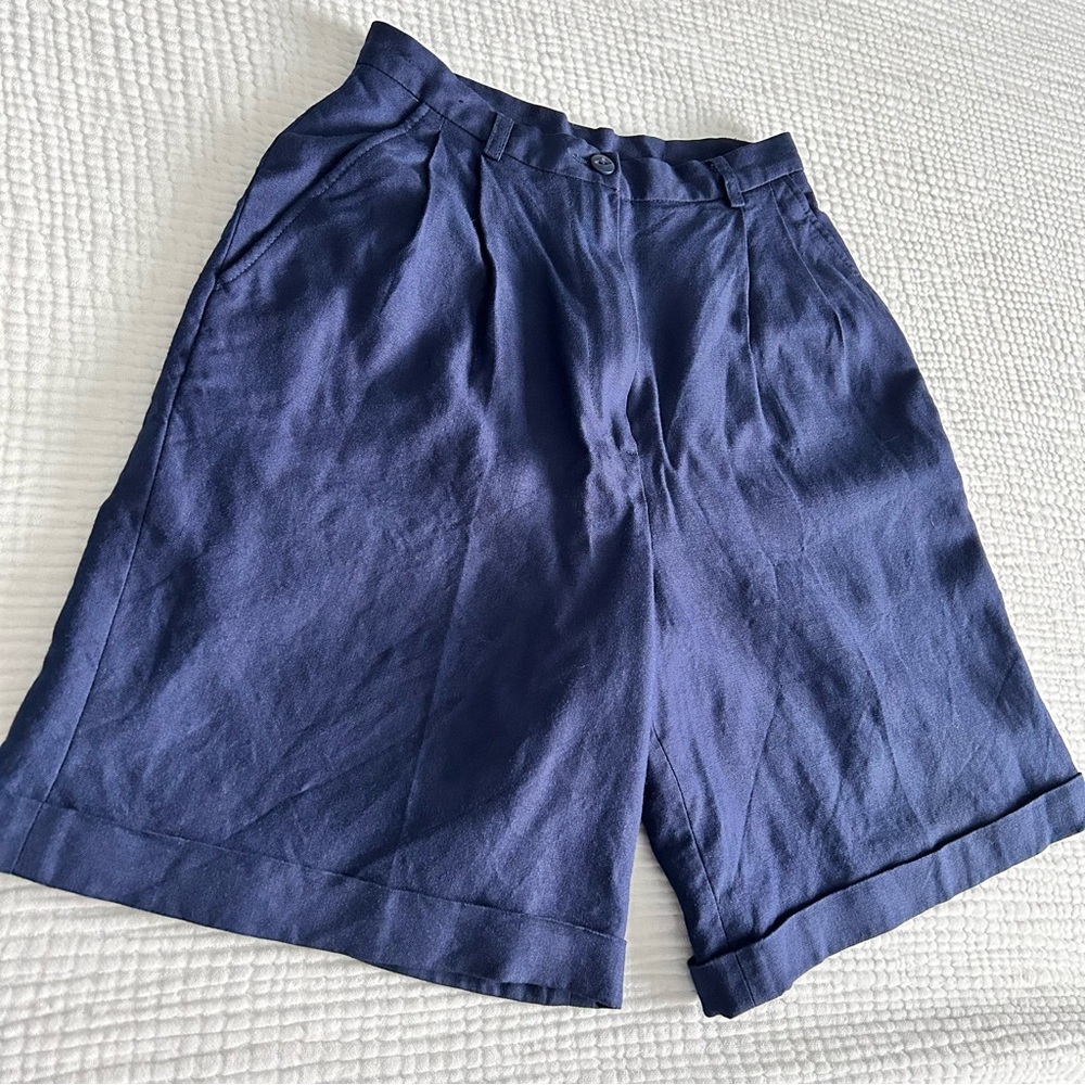 Vintage | Charter Club Petites | Navy Blue High Waisted Linen Shorts | size 2P